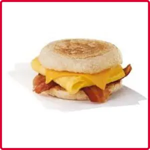 **“Bacon, egg and cheese muffin with crispy bacon, fluffy egg, and melted cheese on a toasted English muffin.”**
