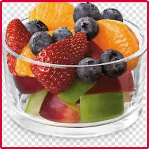 “Fresh fruit cup with a colorful mix of sliced seasonal fruits.”