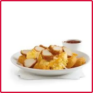 “Hash brown scramble bowl with seasoned potatoes, fluffy eggs, and melted cheese.”