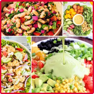 “Fresh salads made with crisp greens, vegetables, and optional protein toppings.”